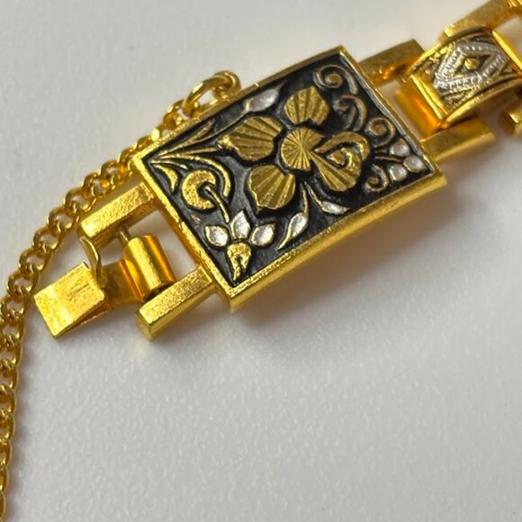 Vintage Damascene Floral Panel Link Bracelet Enamel Spain 7" Safety Chain Snap - Picture 8 of 14